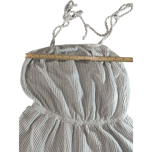 Striped Gray & White Sleeveless Romper With Adjustable Tie Straps Green Envelope - Picture 5 of 7